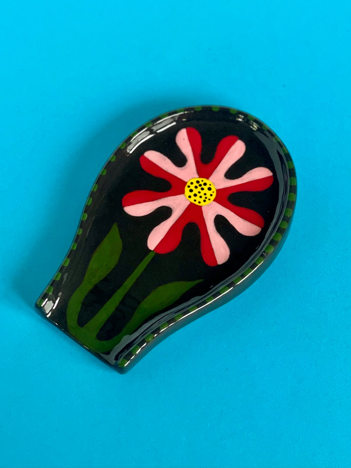Black Spoon Rest - Pink & Red Flower