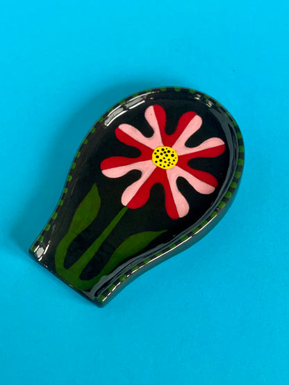 Black Spoon Rest - Pink & Red Flower