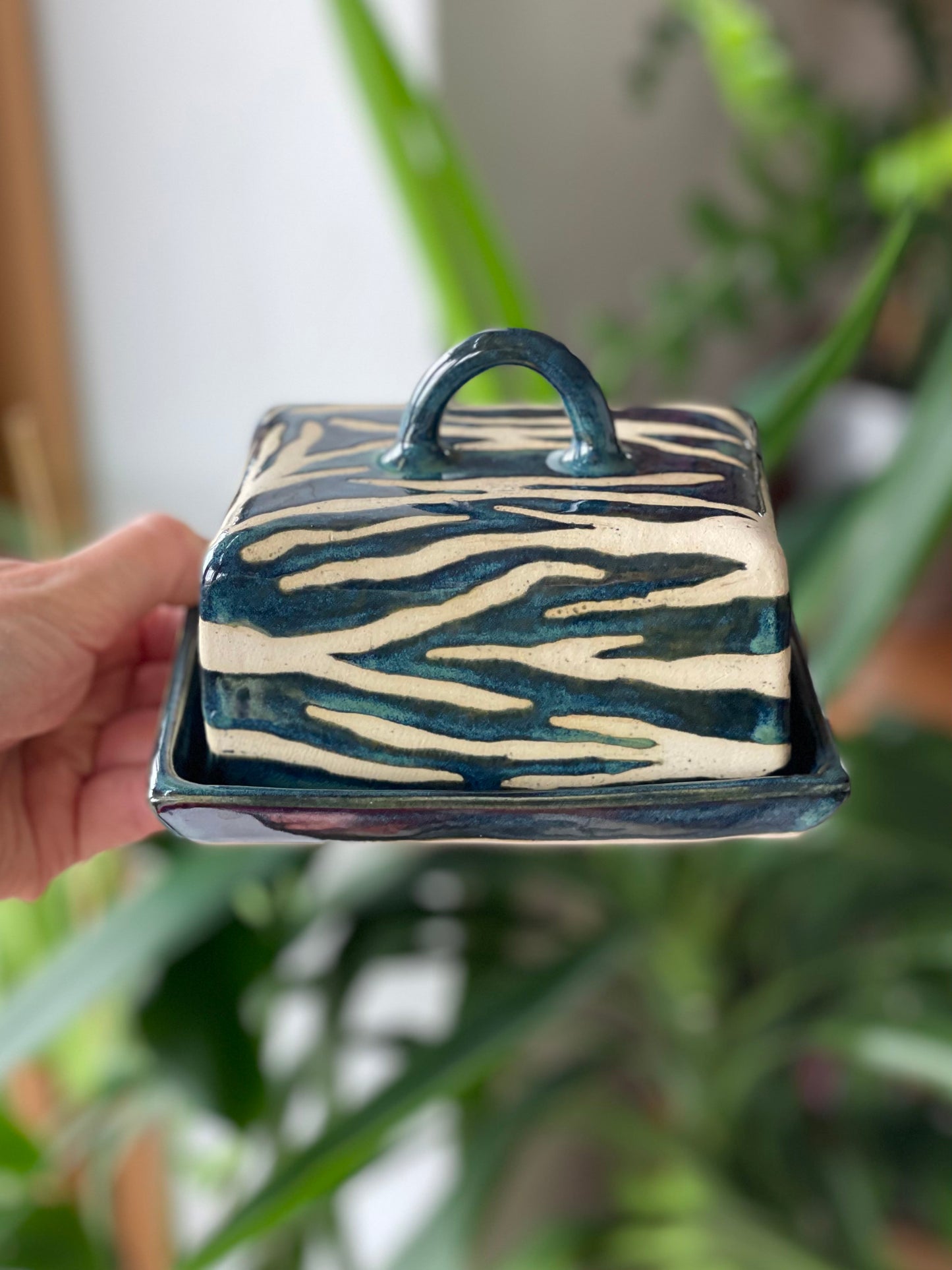 Butter Dish - Blue & White Zebra
