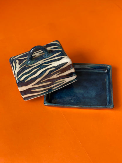 Butter Dish - Blue & White Zebra